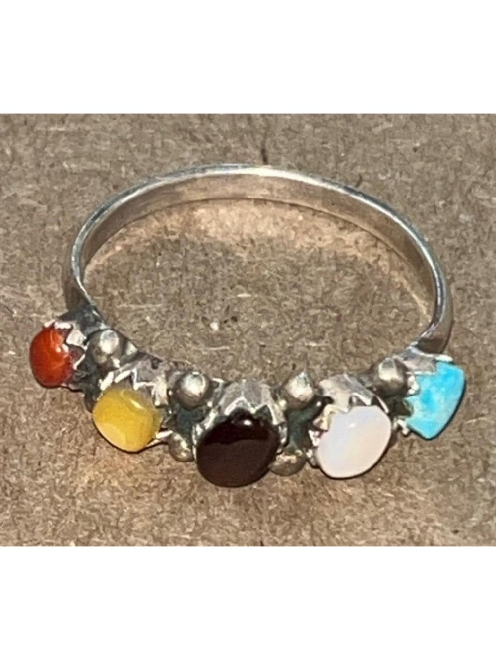 Zuni traditional turquoise multi stone sterling silver ring size 7.75